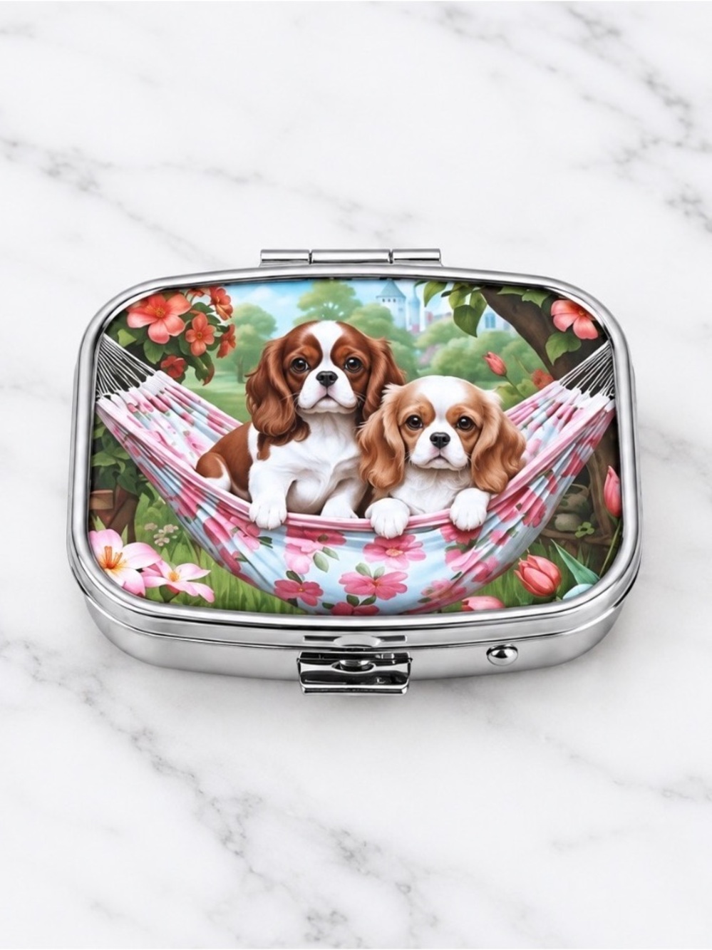 Cavalier Puppy Design Purse Pill Box/Travel Jewelry-Compact With Lidded Mirror